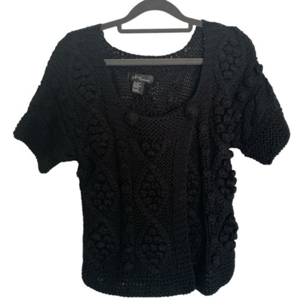 Nicole Sabbatini Black Pom Pom Knit  Top Boho Cottagecore  Sweater Size  M